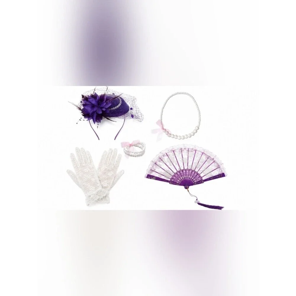 Purple Hat & White Lace Gloves Accessories 5 Piece Set NWT